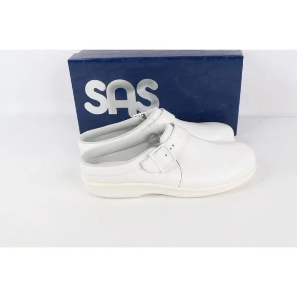 New SAS San Antonio Shoemakers Womens 8.5 N Leather Buckle Clogs Shoes White USA